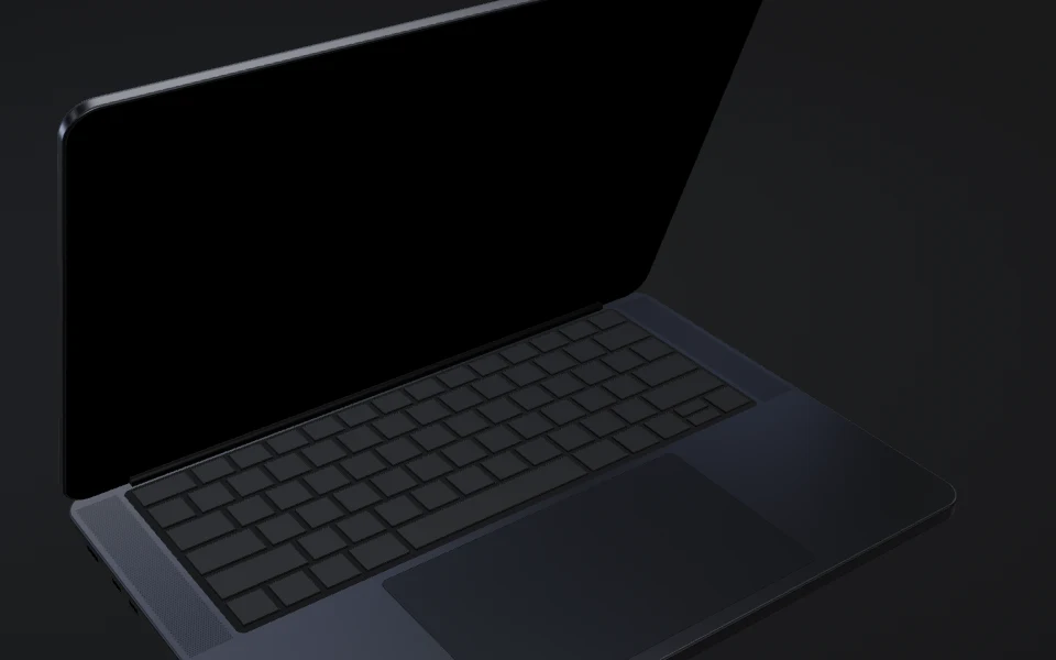 MacBook open to 68 degrees with its screen and keyboard dark