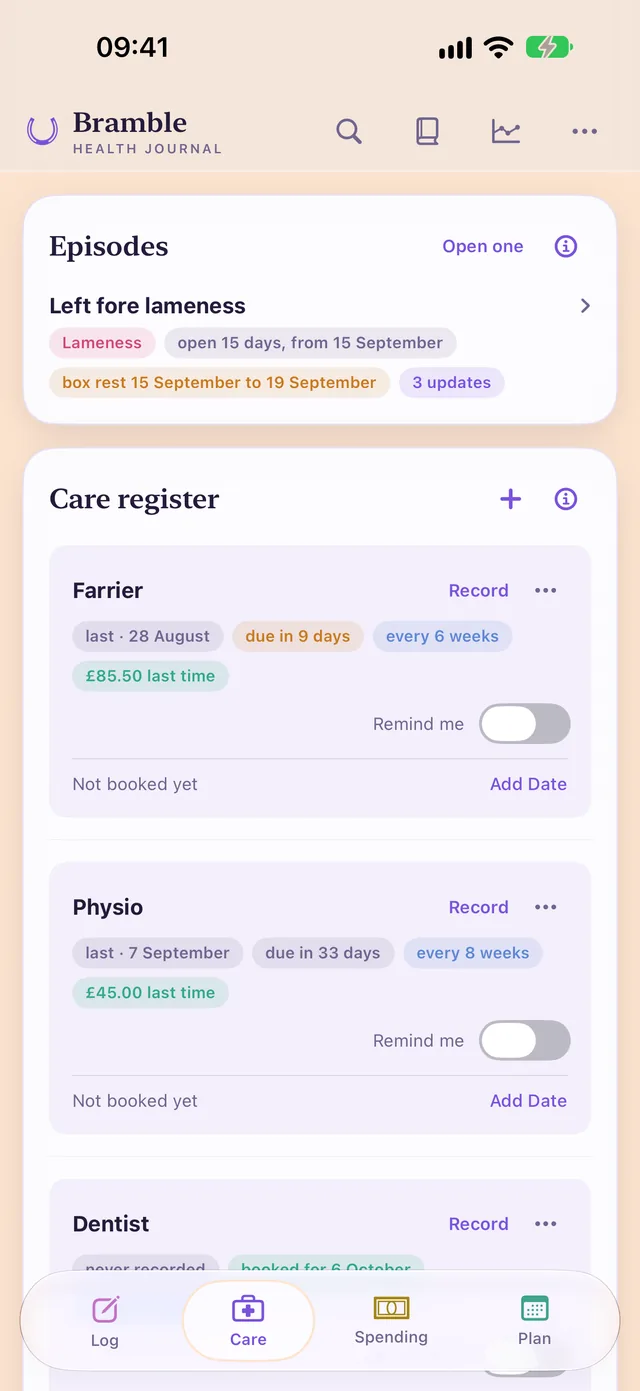 HorseDex’s Care page: an open episode for left fore lameness with its box rest dates, and the care register with the farrier due in nine days and the physio in 33.