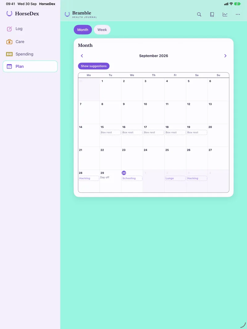 HorseDex on an iPad: the Plan page in month view for September 2026, with a Week option, box rest across one week, and sessions such as Hacking, Schooling and Lunge.