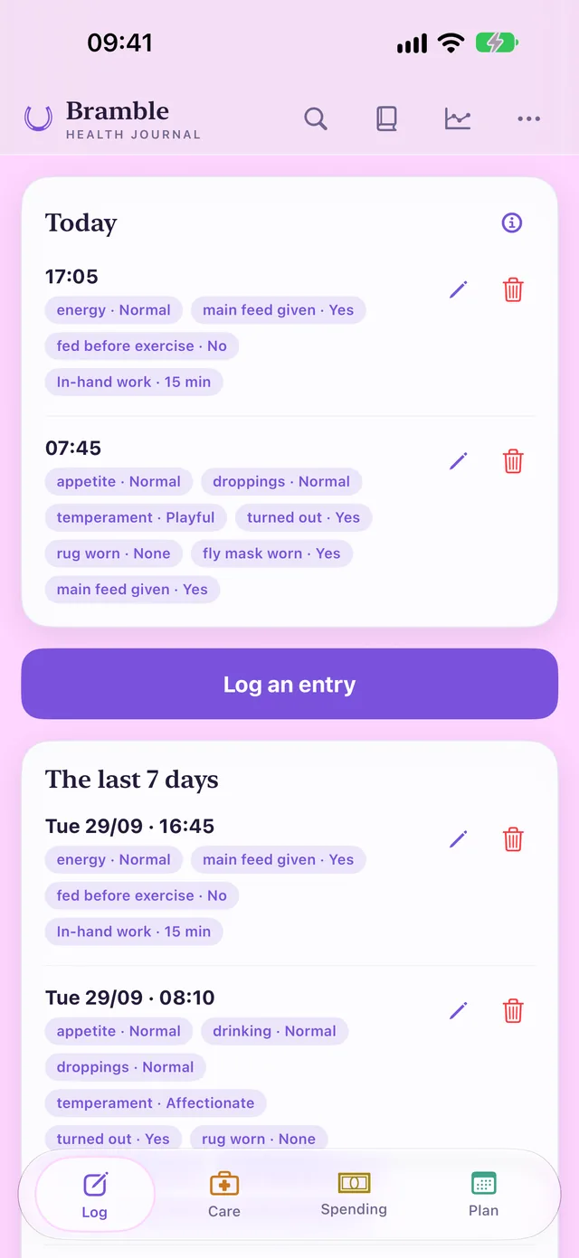 HorseDex’s Log page for Bramble: today’s entries at 17:05 and 07:45 as tags such as energy Normal and turned out Yes, a Log an entry button, and the last seven days below.