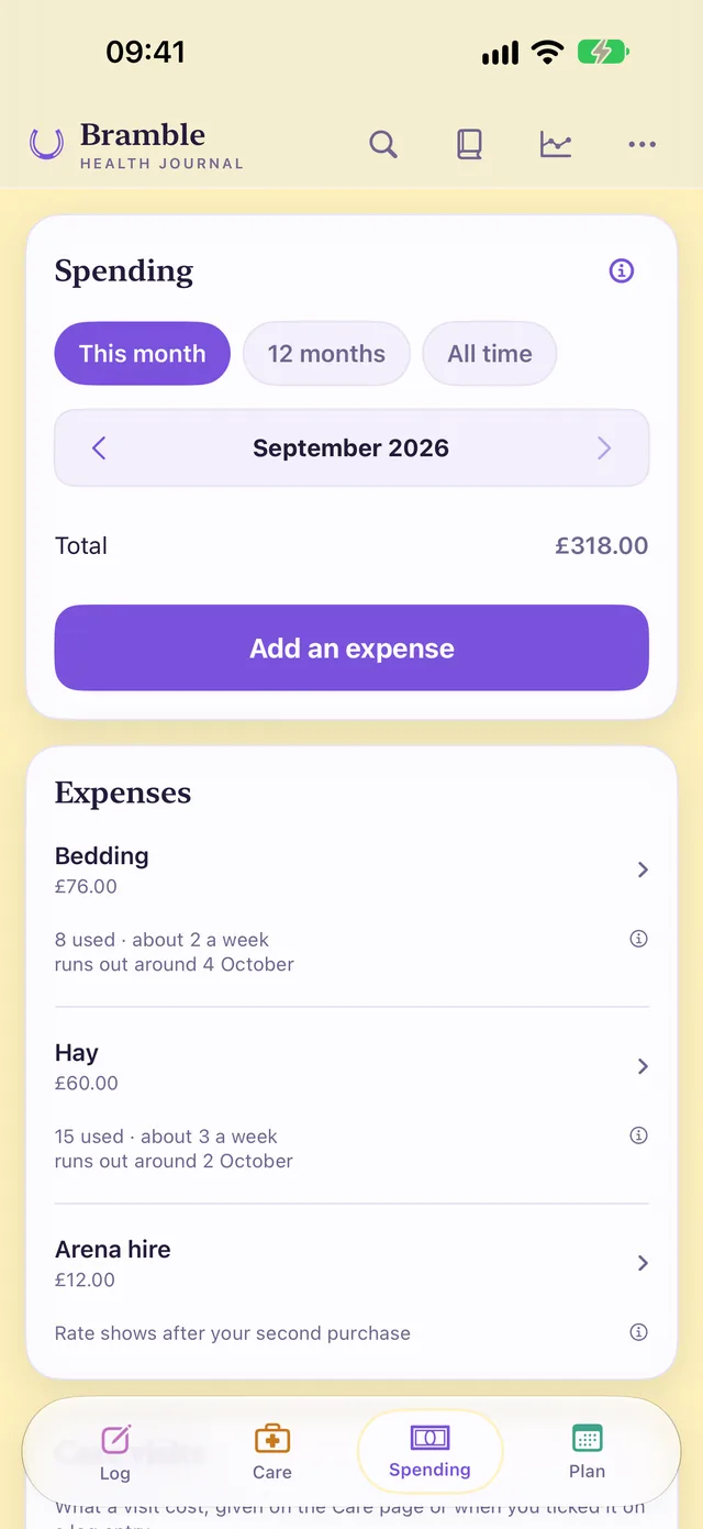 HorseDex’s Spending page: £318 this month, an Add an expense button, and bedding and hay with how fast each is used and roughly when it runs out.