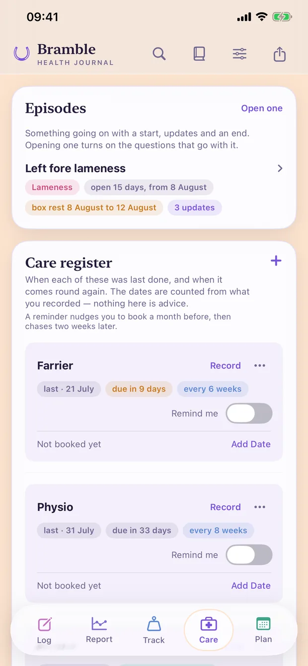 The Care screen: an open episode for left fore lameness running fifteen days, and a care register showing the farrier due in nine days and physio in thirty-three.