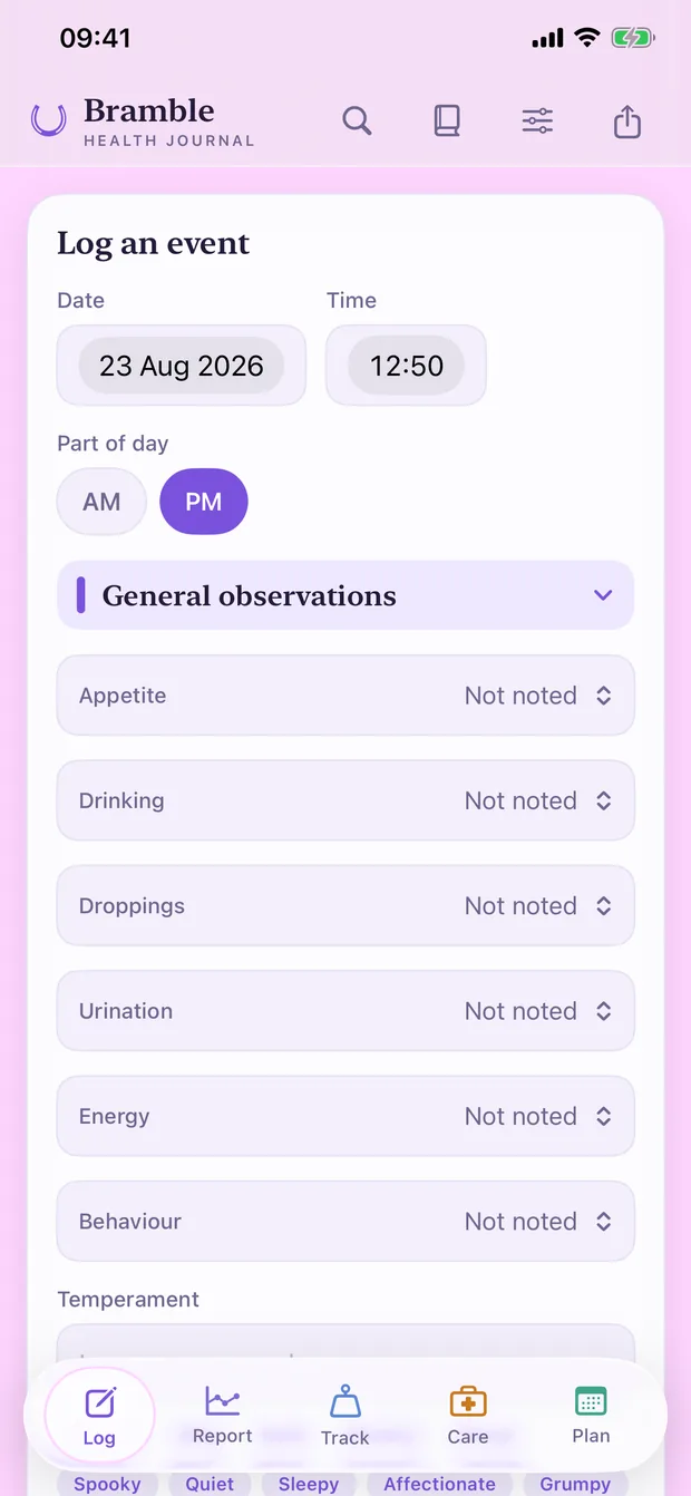 The Log screen: date, time and part of day at the top, then general observations — appetite, drinking, droppings, urination, energy, behaviour — each set to Not noted until you fill it in.